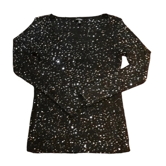 GUESS Black & White Silver Sequins V-Neck Sweater Shirt Criss Cross Back  SZ XS - Picture 2 of 6